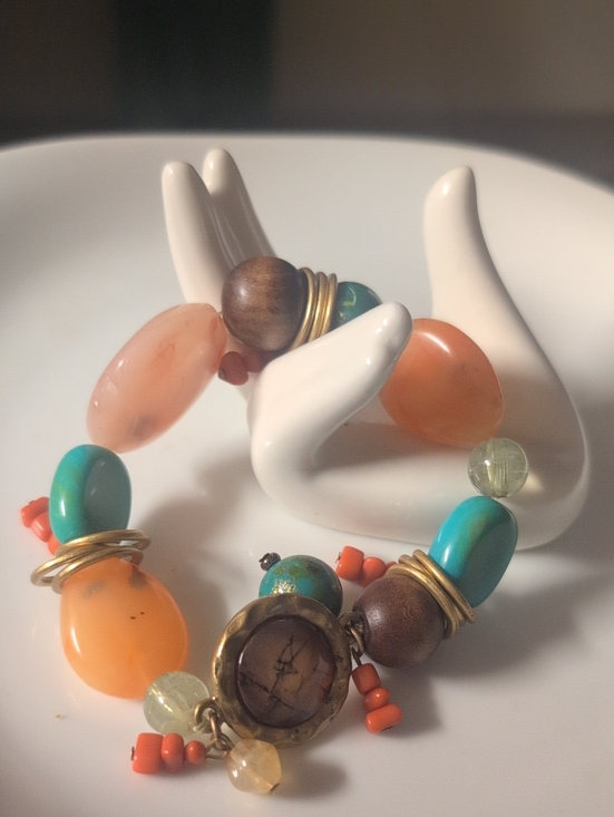 Chico's Jewelry - Chico Boho Multicolor Beaded Stretch Bracelet - Turquoise, Orange, Gold Accents